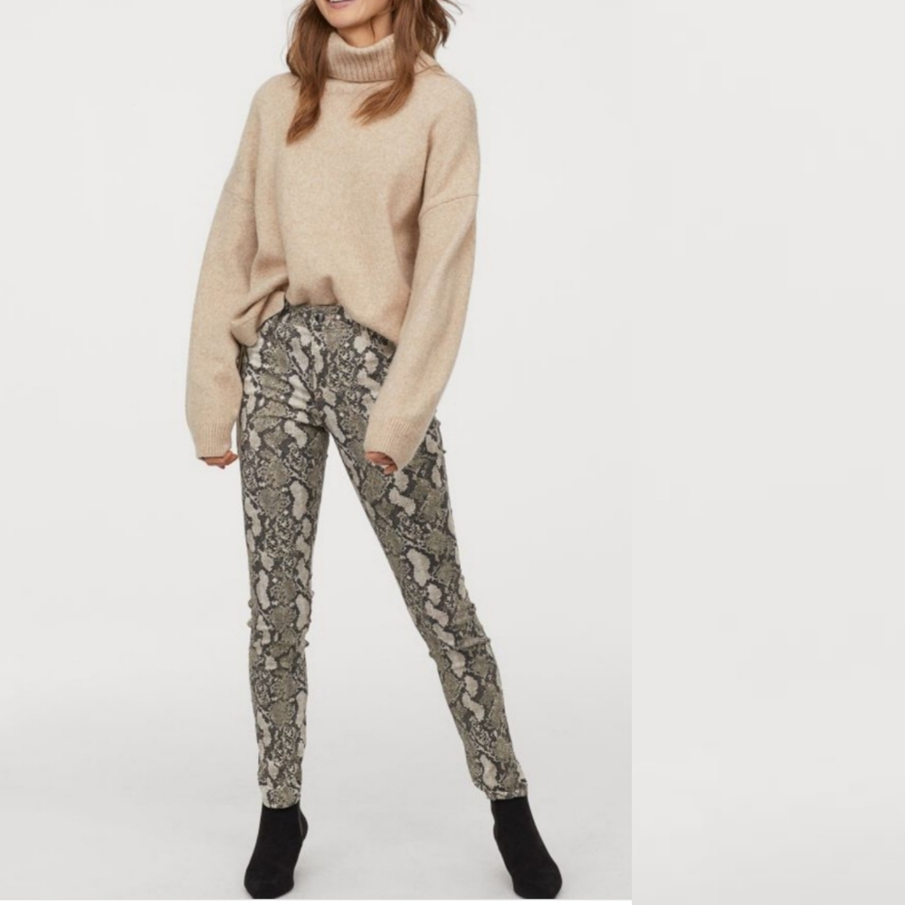 H&M Snakeskin Print Skinny Stretch Pants Beige Grey 6